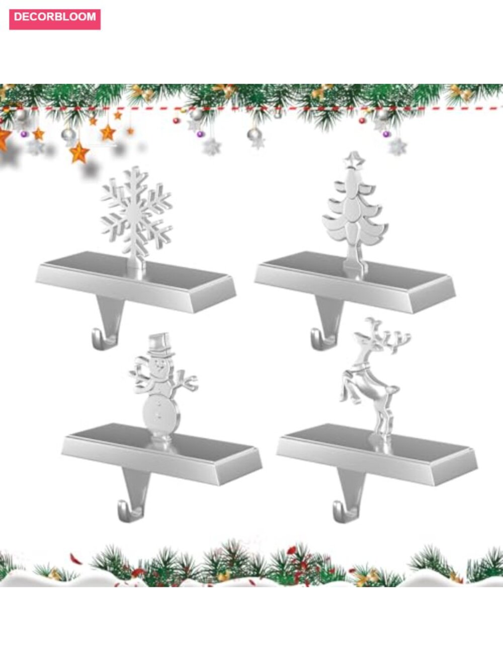 Metal Christmas Stocking Holders for Mantle, 4-Pack Garland Hangers with